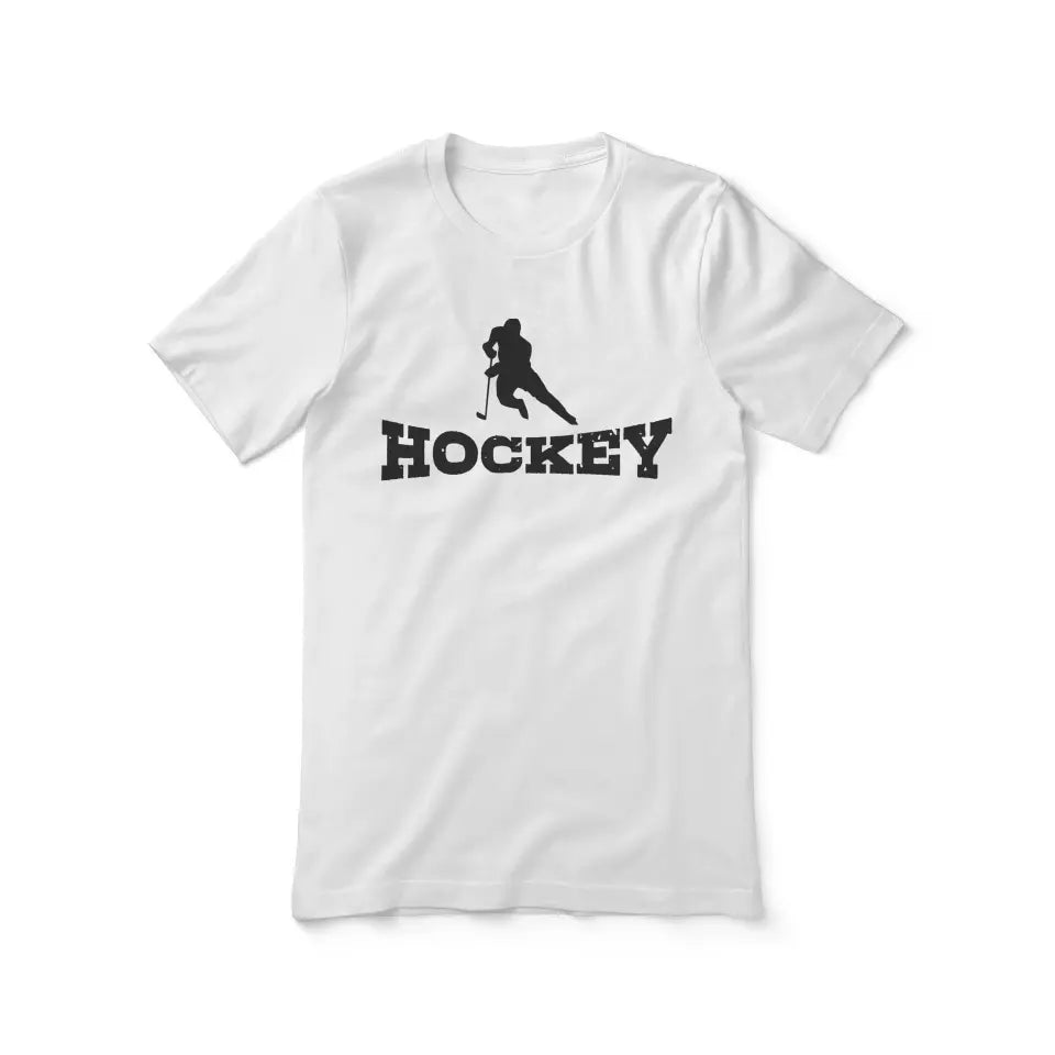 basic hockey with hockey player icon on a unisex t-shirt with a black graphic