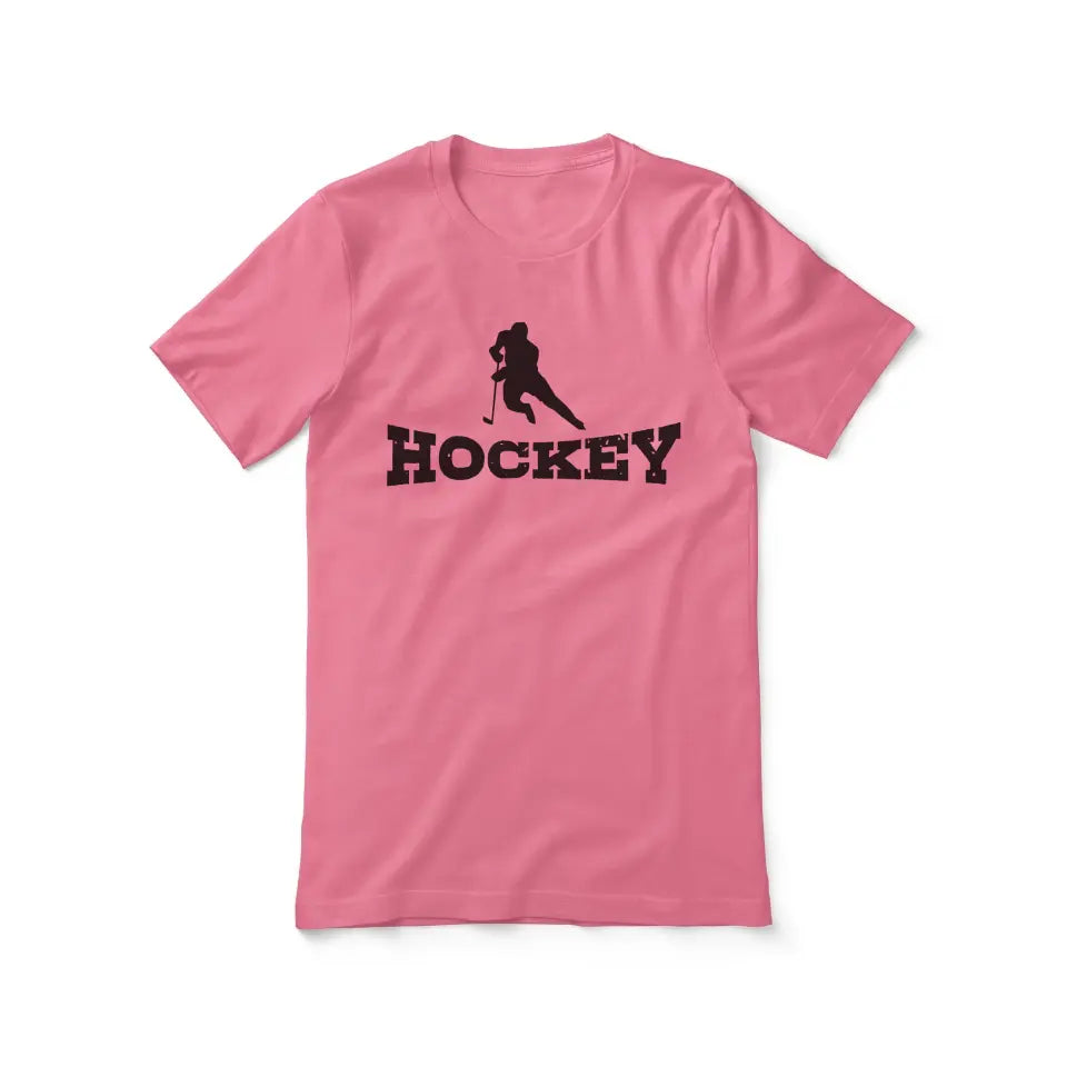 basic hockey with hockey player icon on a unisex t-shirt with a black graphic