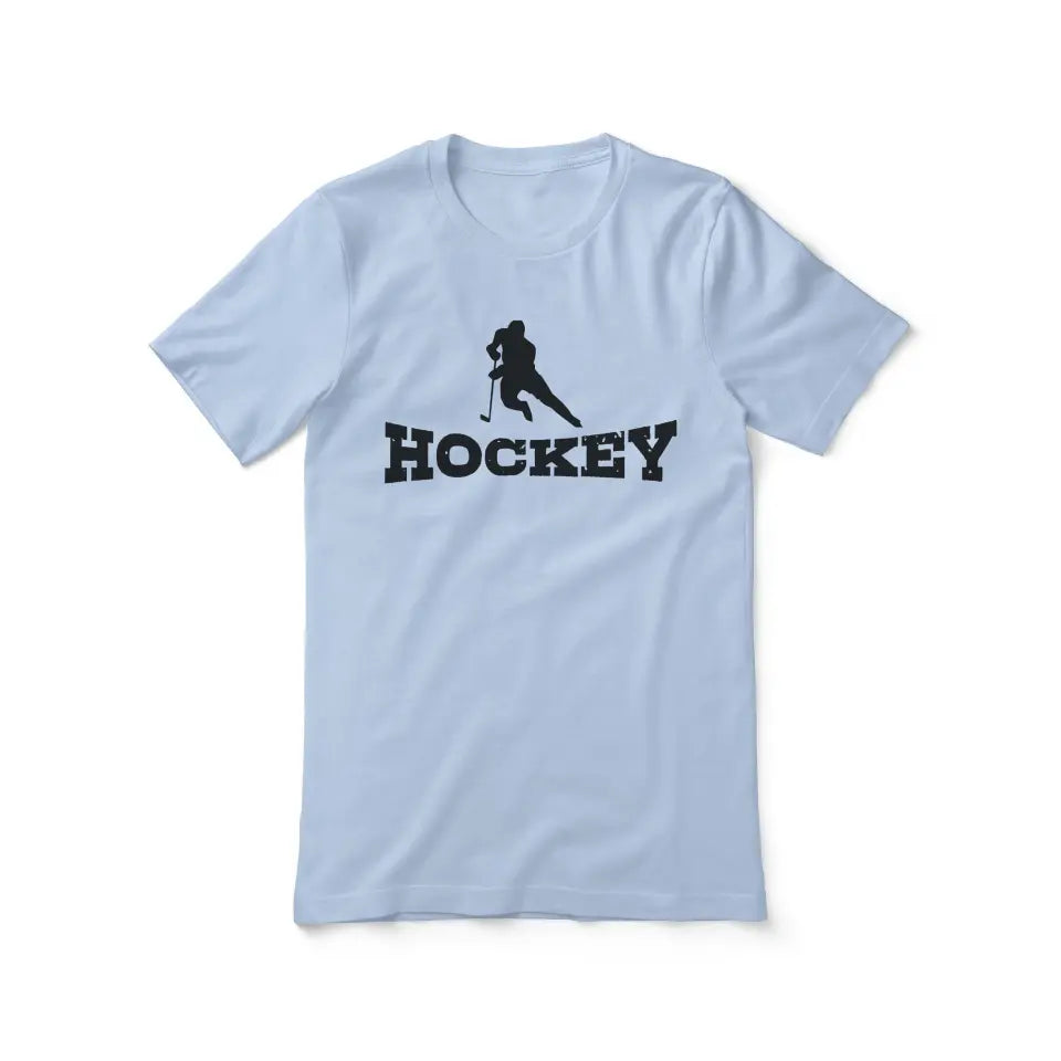 basic hockey with hockey player icon on a unisex t-shirt with a black graphic