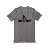 basic hockey with hockey player icon on a unisex t-shirt with a black graphic