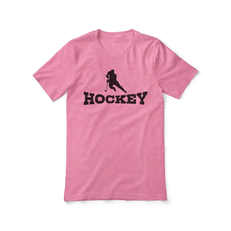 basic hockey with hockey player icon on a unisex t-shirt with a black graphic