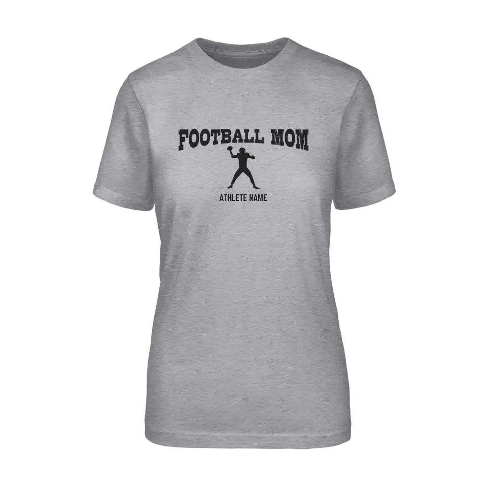 football mom with football player icon and football player name on a unisex t-shirt with a black graphic