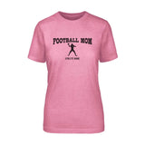 football mom with football player icon and football player name on a unisex t-shirt with a black graphic