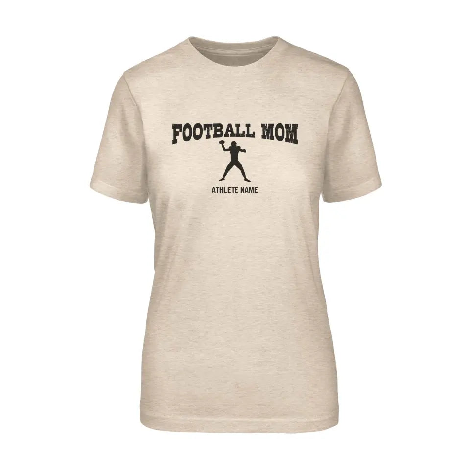 football mom with football player icon and football player name on a unisex t-shirt with a black graphic