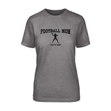 football mom with football player icon and football player name on a unisex t-shirt with a black graphic