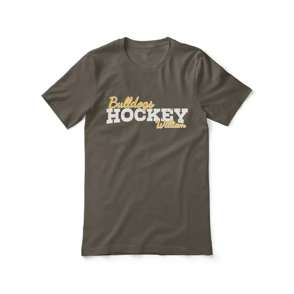 custom hockey mascot and hockey player name on a unisex t-shirt with a white graphic