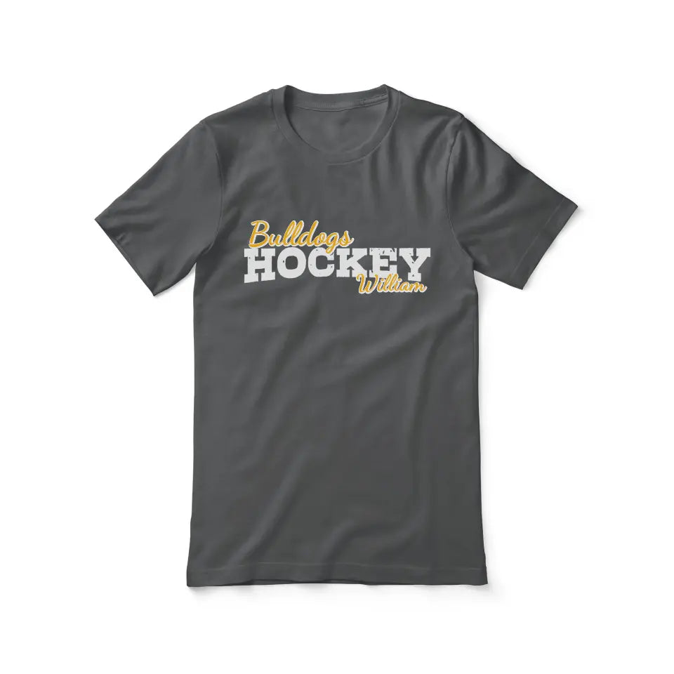 custom hockey mascot and hockey player name on a unisex t-shirt with a white graphic