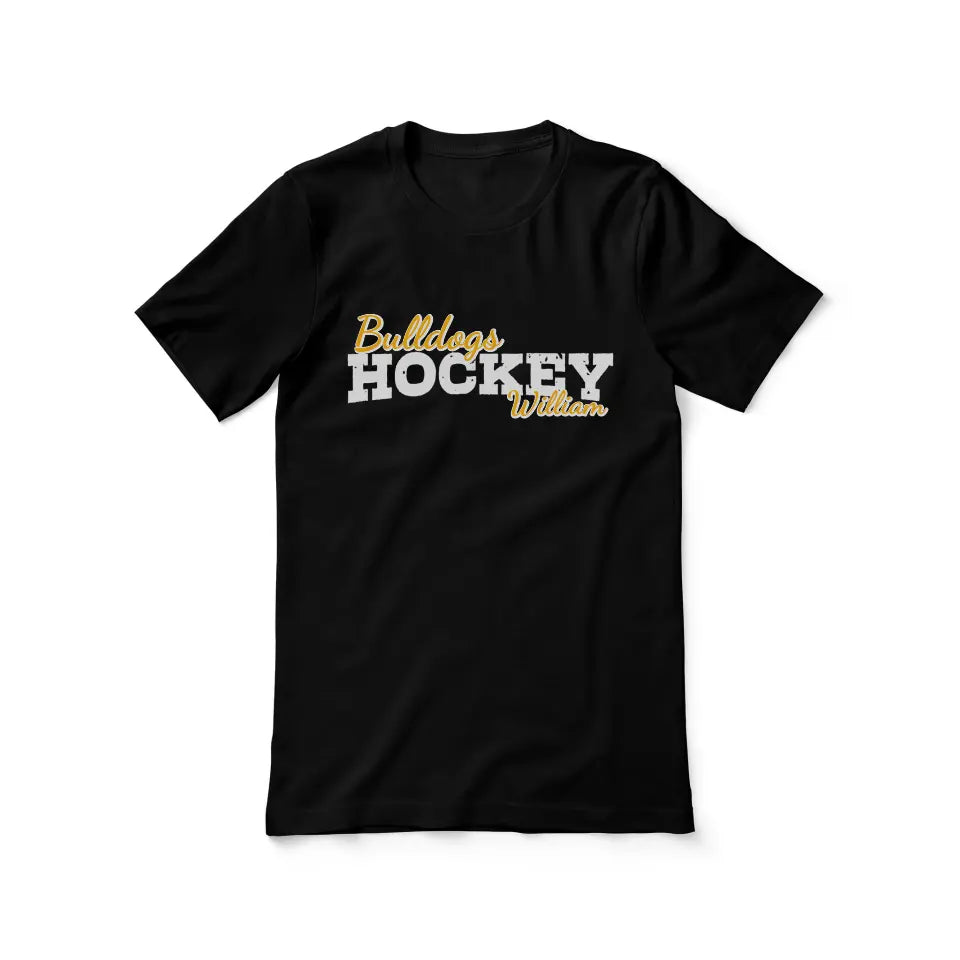 custom hockey mascot and hockey player name on a unisex t-shirt with a white graphic