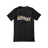 custom hockey mascot and hockey player name on a unisex t-shirt with a white graphic
