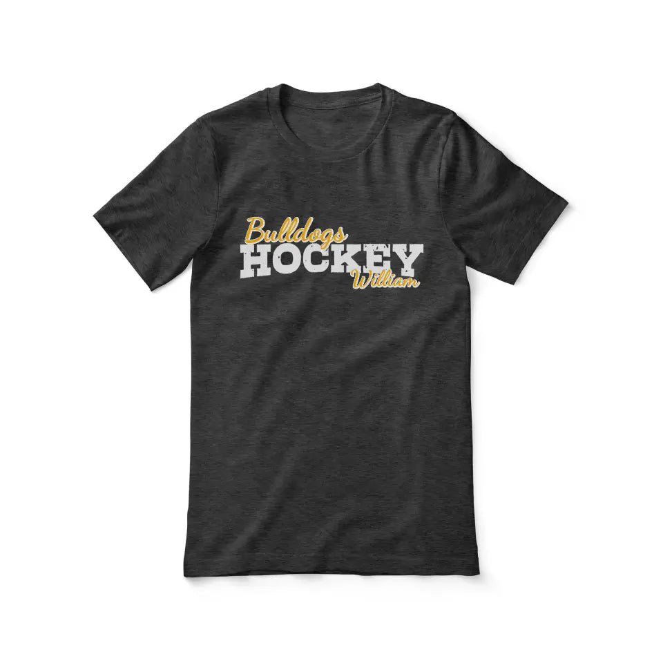 custom hockey mascot and hockey player name on a unisex t-shirt with a white graphic