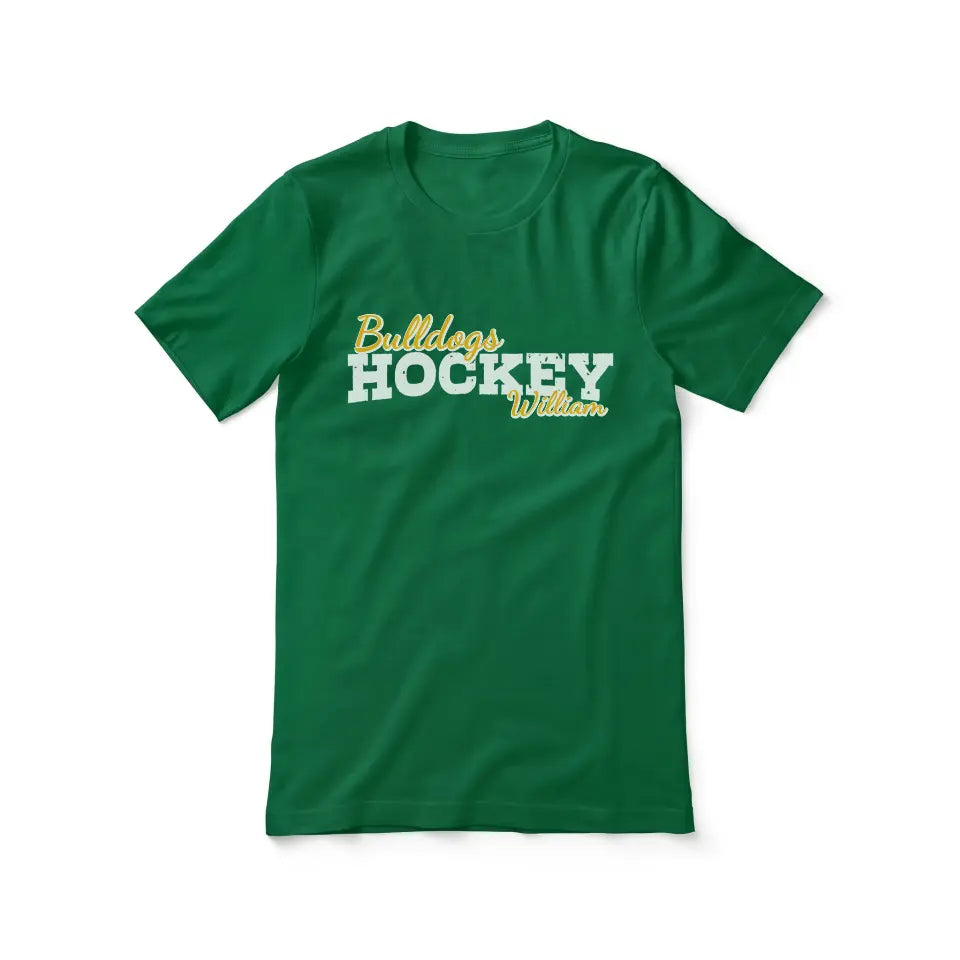 custom hockey mascot and hockey player name on a unisex t-shirt with a white graphic