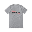 custom hockey mascot and hockey player name on a unisex t-shirt with a black graphic