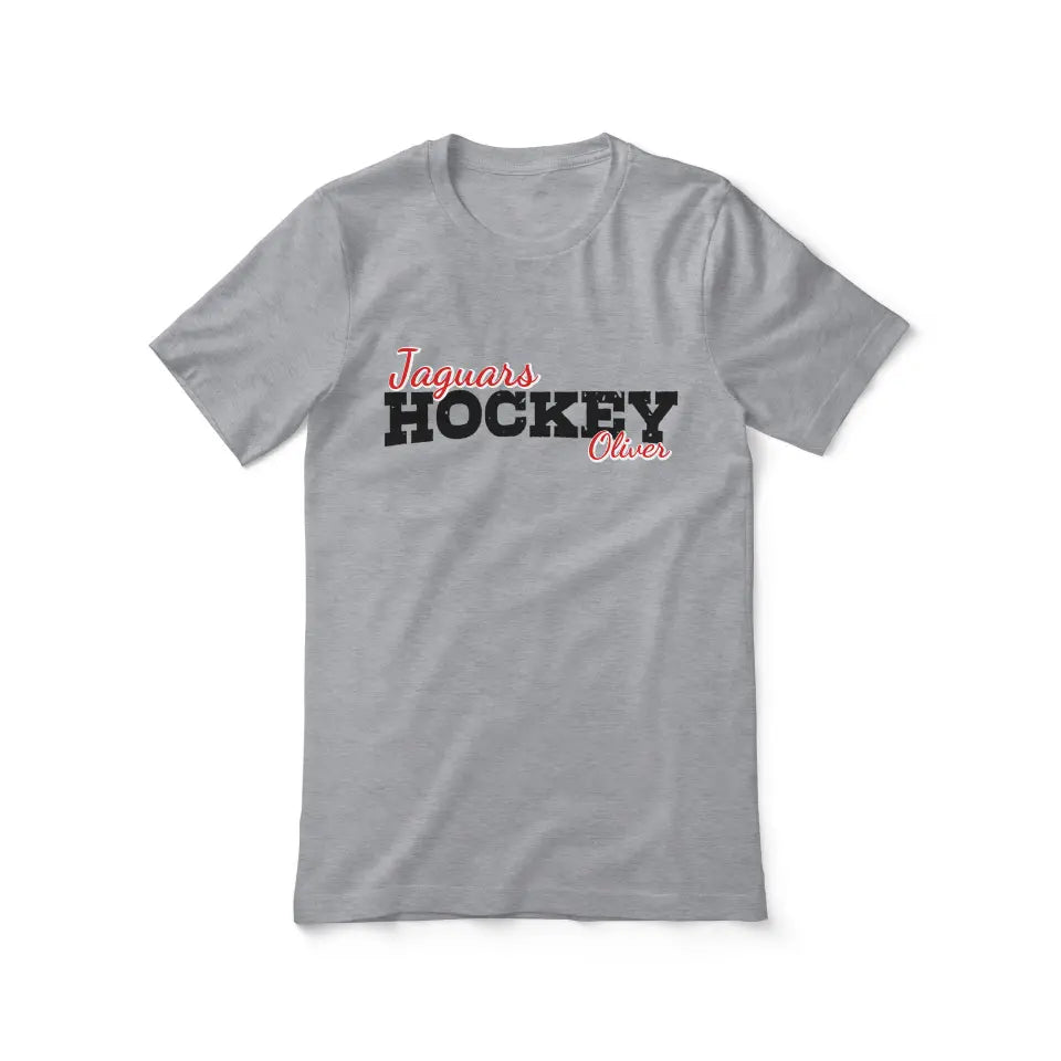 custom hockey mascot and hockey player name on a unisex t-shirt with a black graphic