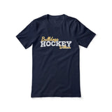 custom hockey mascot and hockey player name on a unisex t-shirt with a white graphic