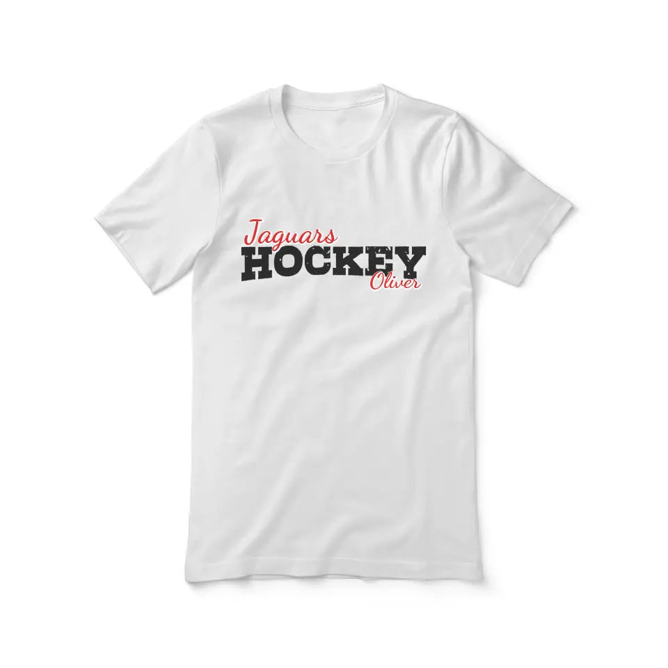 custom hockey mascot and hockey player name on a unisex t-shirt with a black graphic