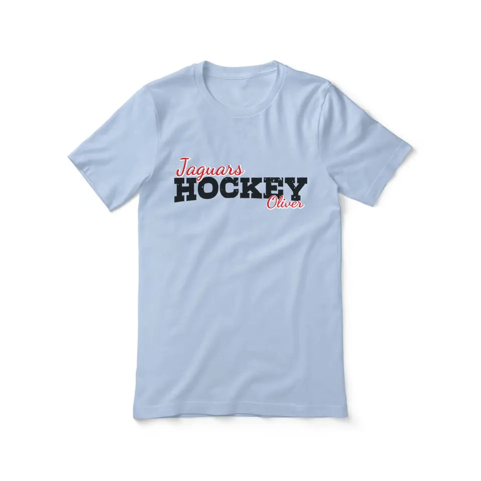 custom hockey mascot and hockey player name on a unisex t-shirt with a black graphic