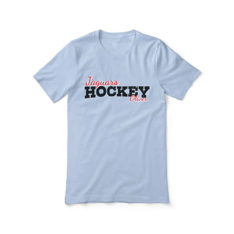 custom hockey mascot and hockey player name on a unisex t-shirt with a black graphic
