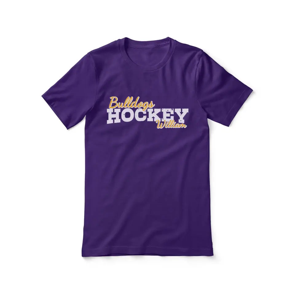 custom hockey mascot and hockey player name on a unisex t-shirt with a white graphic