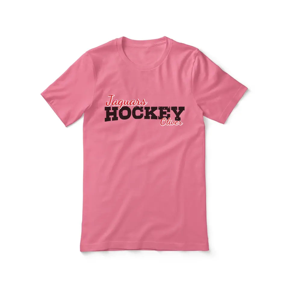 custom hockey mascot and hockey player name on a unisex t-shirt with a black graphic