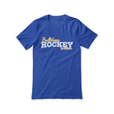 custom hockey mascot and hockey player name on a unisex t-shirt with a white graphic