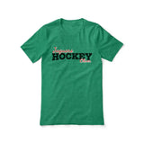 custom hockey mascot and hockey player name on a unisex t-shirt with a black graphic