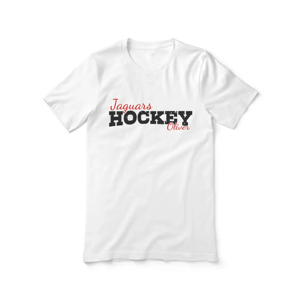 custom hockey mascot and hockey player name on a unisex t-shirt with a black graphic