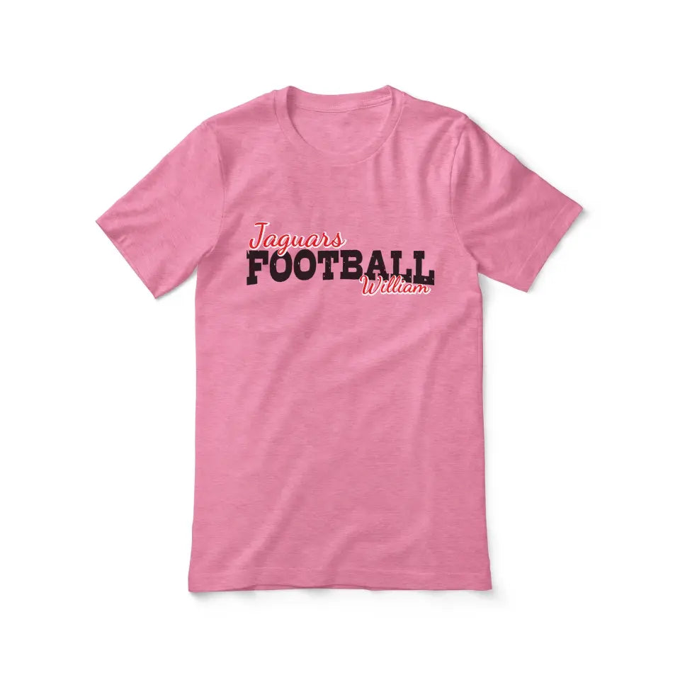 custom football mascot and football player name on a unisex t-shirt with a black graphic