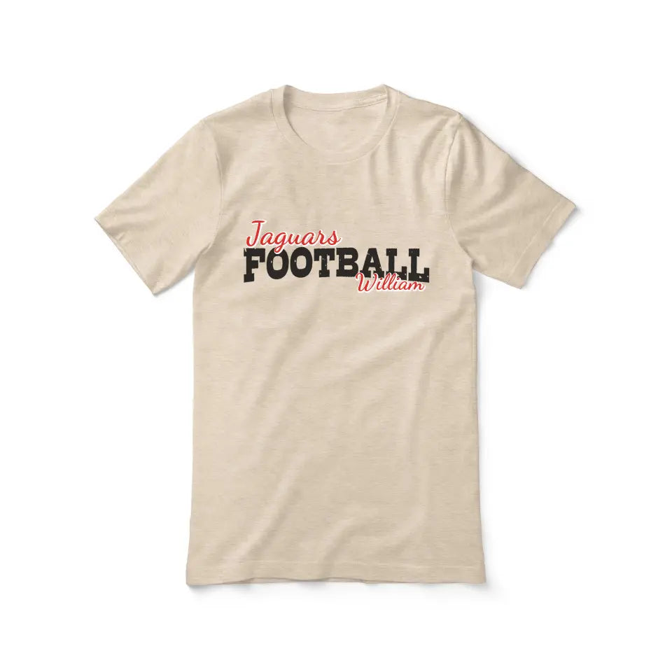 custom football mascot and football player name on a unisex t-shirt with a black graphic