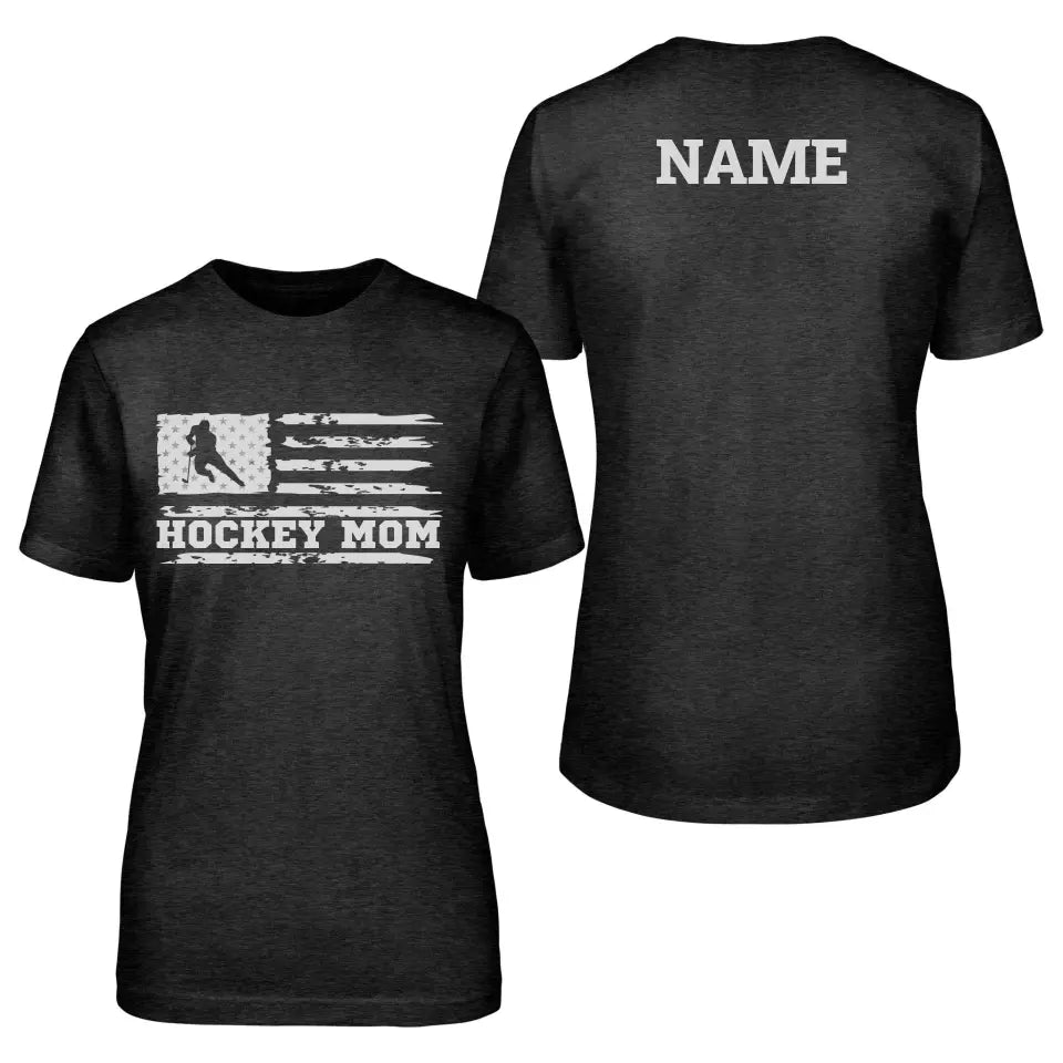hockey mom horizontal flag with hockey player name on a unisex t-shirt with a white graphic