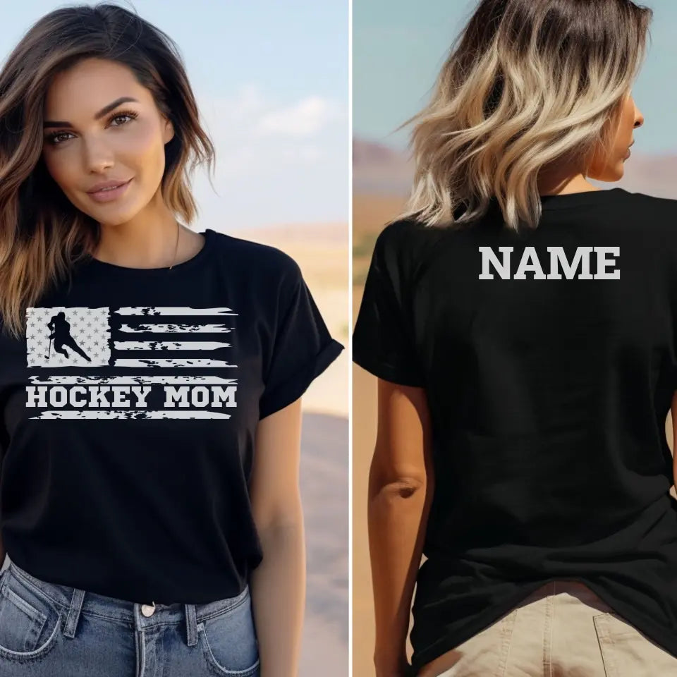 hockey mom horizontal flag with hockey player name on a unisex t-shirt with a white graphic