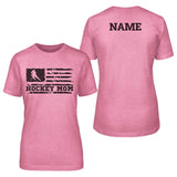 hockey mom horizontal flag with hockey player name on a unisex t-shirt with a black graphic