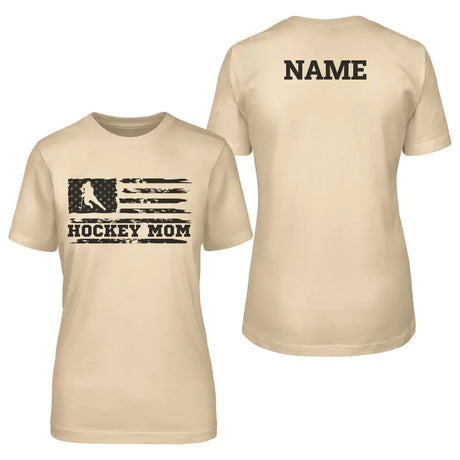 hockey mom horizontal flag with hockey player name on a unisex t-shirt with a black graphic