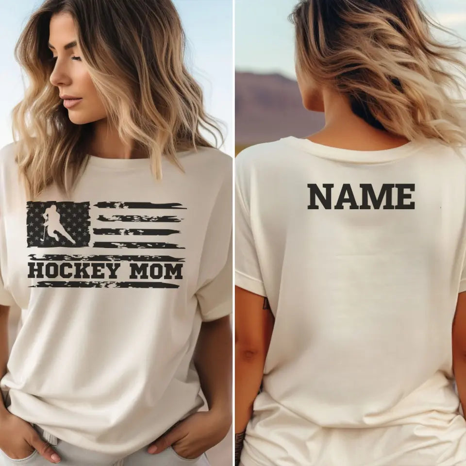 hockey mom horizontal flag with hockey player name on a unisex t-shirt with a black graphic