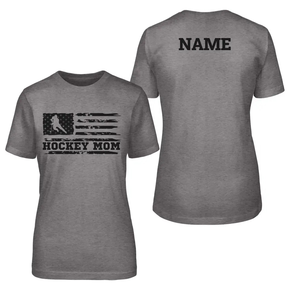 hockey mom horizontal flag with hockey player name on a unisex t-shirt with a black graphic