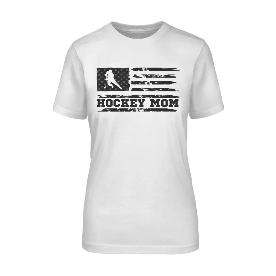 hockey mom horizontal flag on a unisex t-shirt with a black graphic