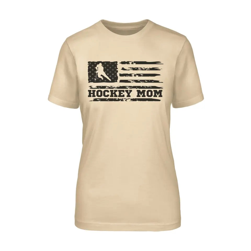 hockey mom horizontal flag on a unisex t-shirt with a black graphic