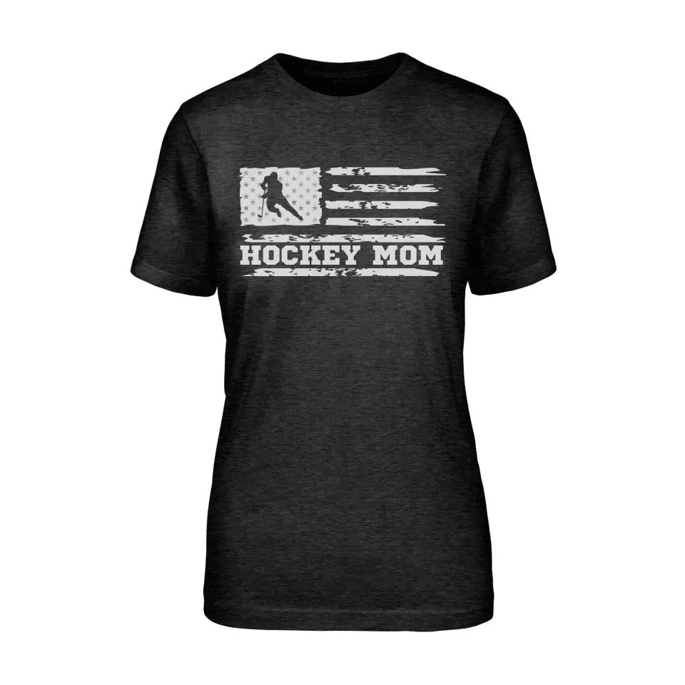 hockey mom horizontal flag on a unisex t-shirt with a white graphic