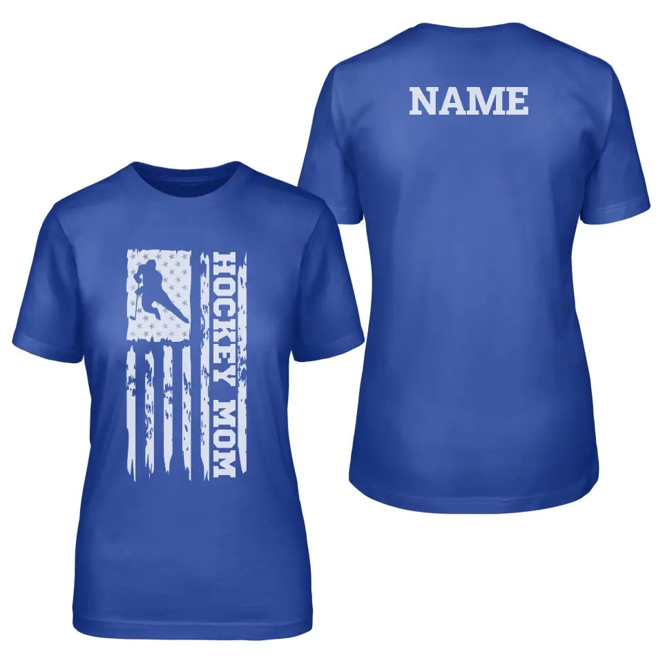hockey mom vertical flag with hockey player name on a unisex t-shirt with a white graphic