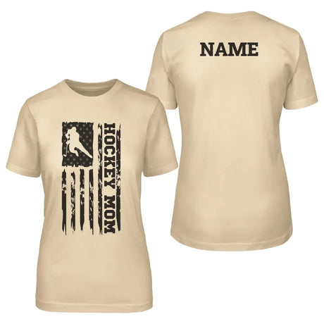 hockey mom vertical flag with hockey player name on a unisex t-shirt with a black graphic