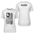 hockey mom vertical flag with hockey player name on a unisex t-shirt with a black graphic