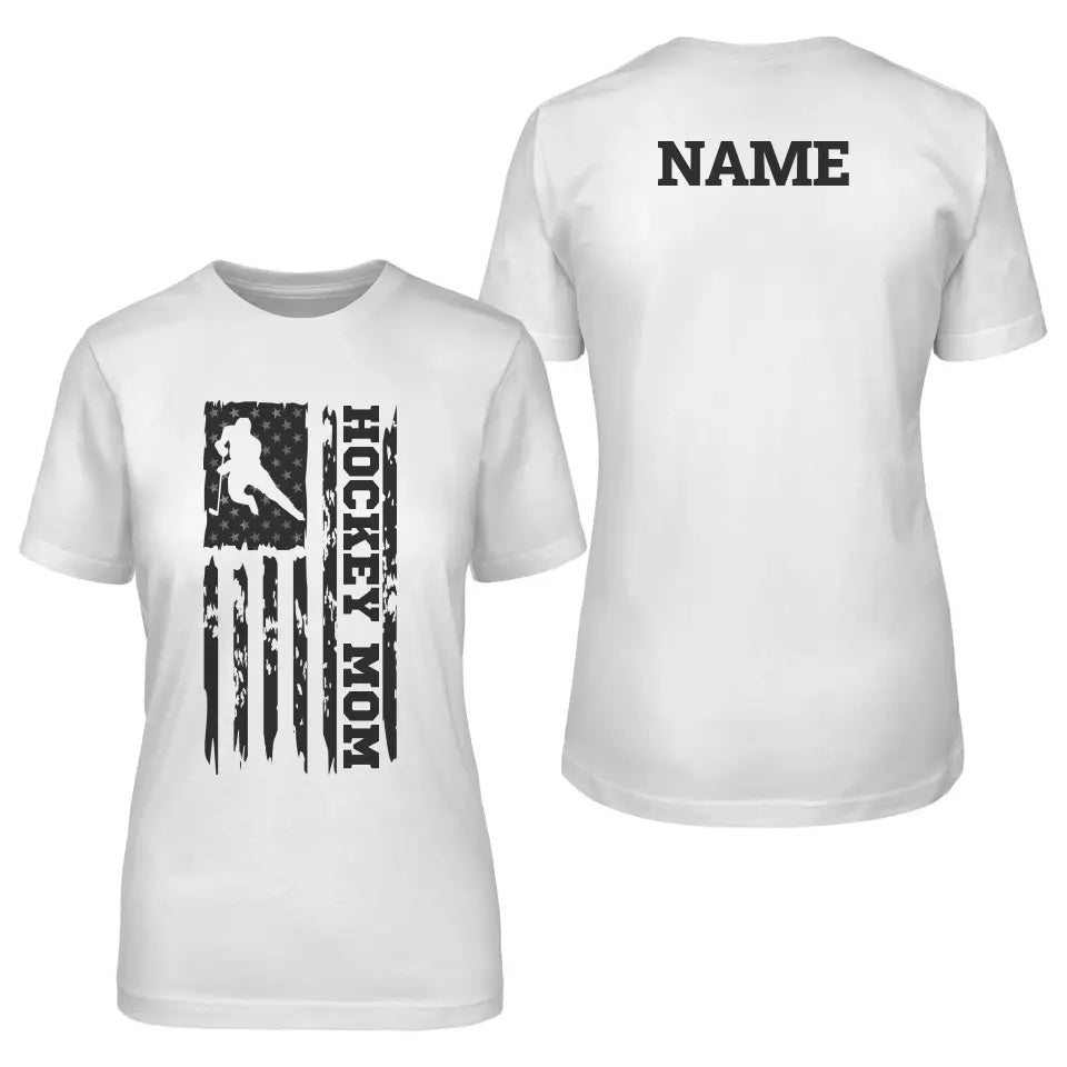 hockey mom vertical flag with hockey player name on a unisex t-shirt with a black graphic