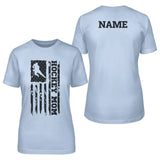 hockey mom vertical flag with hockey player name on a unisex t-shirt with a black graphic