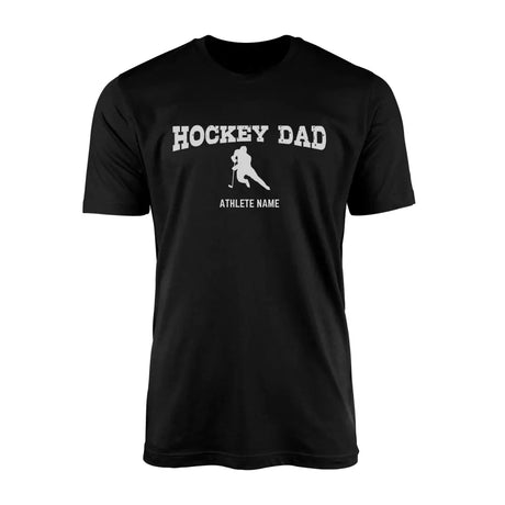 hockey dad with hockey player icon and hockey player name on a mens t-shirt with a white graphic