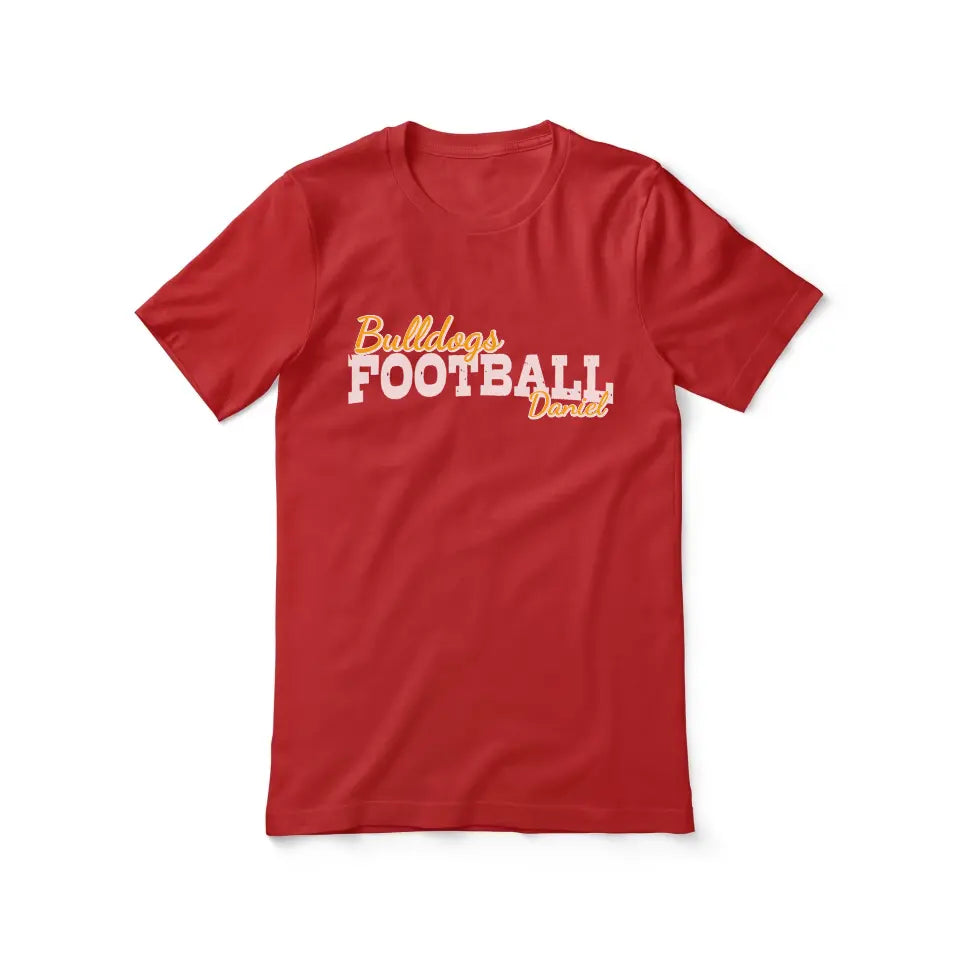 custom football mascot and football player name on a unisex t-shirt with a white graphic