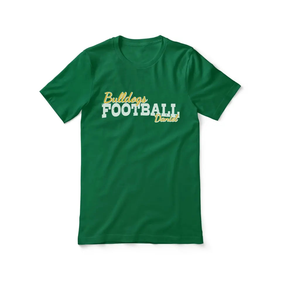 custom football mascot and football player name on a unisex t-shirt with a white graphic