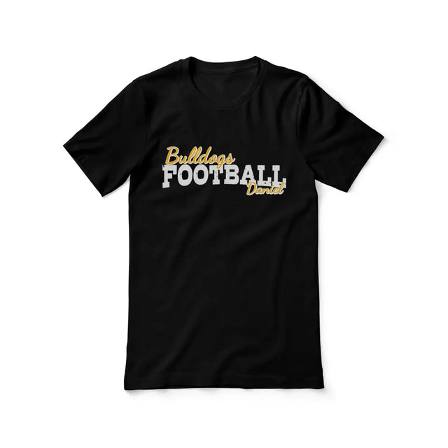 custom football mascot and football player name on a unisex t-shirt with a white graphic