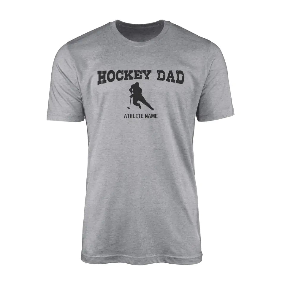 hockey dad with hockey player icon and hockey player name on a mens t-shirt with a black graphic