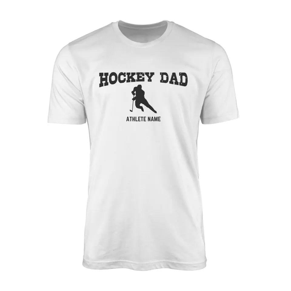 hockey dad with hockey player icon and hockey player name on a mens t-shirt with a black graphic