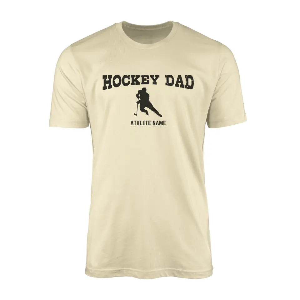 hockey dad with hockey player icon and hockey player name on a mens t-shirt with a black graphic