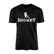 basic hockey with hockey player icon on a mens t-shirt with a white graphic